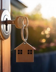 Open door to a new home with key and home shaped keychain. Mortgage, investment, real estate 