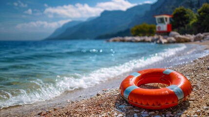 Obraz premium Bright orange lifebuoy on a beach with clear blue water