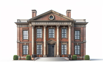 Fototapeta premium A classic Georgian house with a symmetrical facade, tall columns, and a grand entrance, set in an elegant garden, on white background.