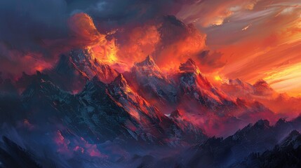 A dramatic sunset over a range of jagged mountain peaks.