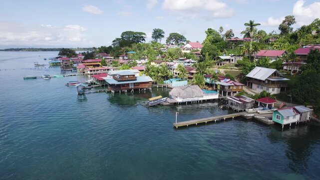 Aerial view of Bastimentos Island, located in the scenic Bocas Del Toro District of Panama. push forward shot