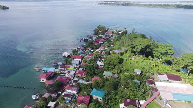 Aerial view of Bastimentos Island, located in the beautiful Bocas del Toro district of Panama. Tilt Up, Push Forward