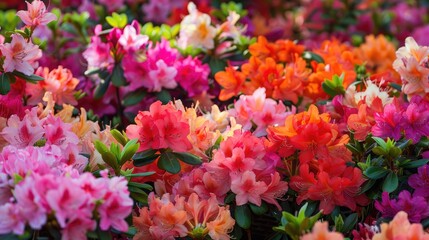 Fototapeta premium An array of blooming azaleas in a garden, showcasing rich colors