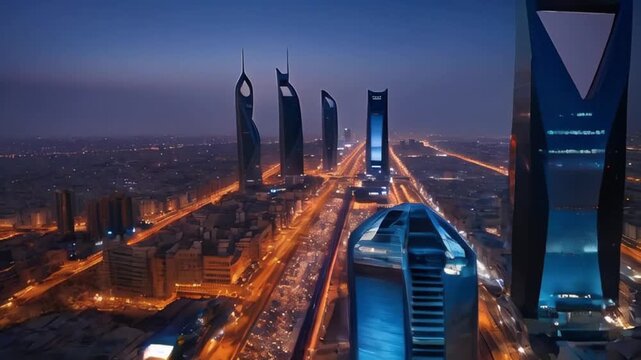 During the blue hour, the KAFD buildings in Riyadh, Saudi Arabia, stand out