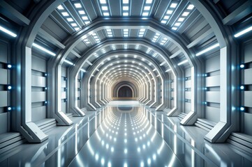 A large, empty, white room with a blue light shining down on it