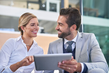 Business people, stairs and tablet for team research in office, talking and support ideas. Employees, online and app for strategy or proposal in email, partnership and website for collaboration