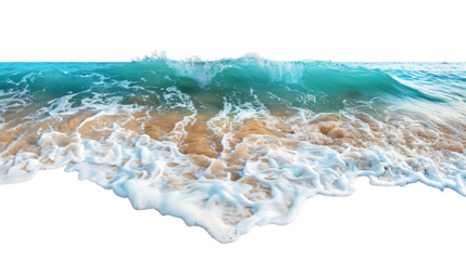 A beautiful wave crashing onto the sandy beach, creating foam and splashes. Ideal for nature and ocean-themed projects.