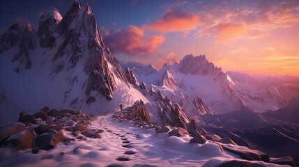 Snowy Mountain Peak with a Majestic Sunset