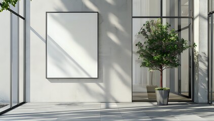 Modern Building Entrance with Blank Frame, Plant, and Sunlight