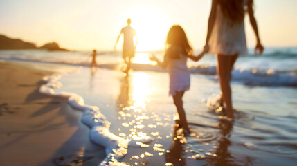 Fototapeta premium A beach day, families playing, natural behaviors. Generative AI illustration 