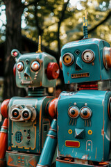 smiling and colourful robots with the inscription AI. AI generative.