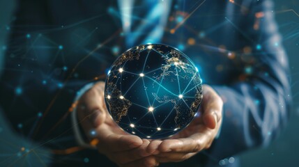 Businessman holding global network and data exchanges over the world 