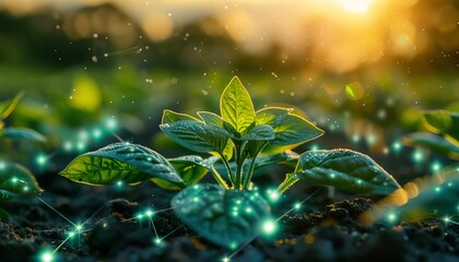 Smart agriculture with holographic crop monitoring, showcasing futuristic farming technology.