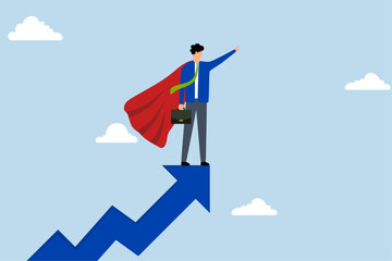 Success leadership leading business growth strategy, businessman superhero in powerful red cape growing arrow.