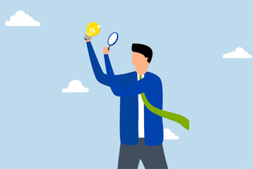 Perfectionist, a perfectionist businessman with magnifying glass looking at every detail of light bulb idea.