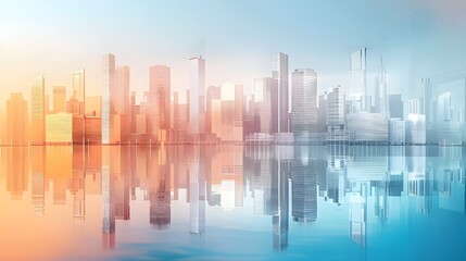 Obraz premium Tranquil Modern City Skyline with Tall Buildings and Water Reflections, Emanating Urban Serenity - Architectural blue background for corporate and business brochure template