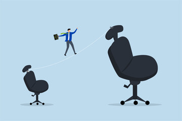 Career growth, business clerk walks to higher workplace chair.