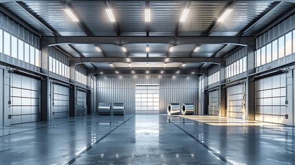 Obraz premium Empty warehouse with large doors and bright lights.