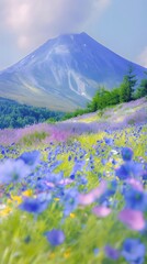 Fototapeta premium Outdoor flowers and plants, including wild varieties, against a floral background with a blue sky backdrop, ideal for nature-themed wallpapers featuring wild flora
