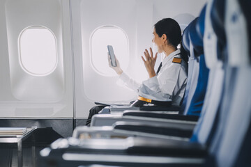 Fototapeta premium Beautiful happy asian young woman using smartphone and listen to music on airplane window seat.