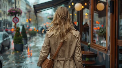 Obraz premium Woman walking on a city street at dusk