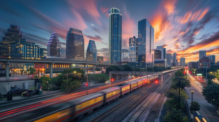 Naklejka premium Dynamic urban scene with vibrant sunset, tall skyscrapers, and motion-blurred train lights creating a bustling city atmosphere.