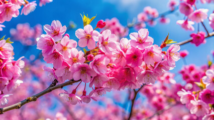 Obraz premium Vibrant pink cherry blossoms bloom against a serene blue sky, delicate petals unfolding, symbolizing beauty and femininity in Asian cultural heritage.
