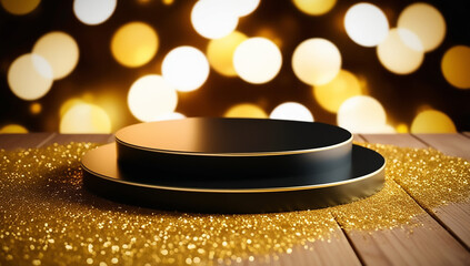 A black and round golden stage with step alone on a wooden surface covered in golden glitter, bathed in soft, warm light. The background is a dark, blurred bokeh of warm gold and white lights