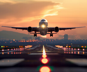  airplane taking off from the runway, sunset in background. AI generative.
