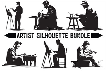 Drawing Artist Bundle vector Silhouette illustration on white background, Creative Drawing Artist Vector Silhouette bundle.
