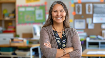 Confident MiddleAged Native American Female Teacher in Classroom Setting for Educational and Cultural Representation