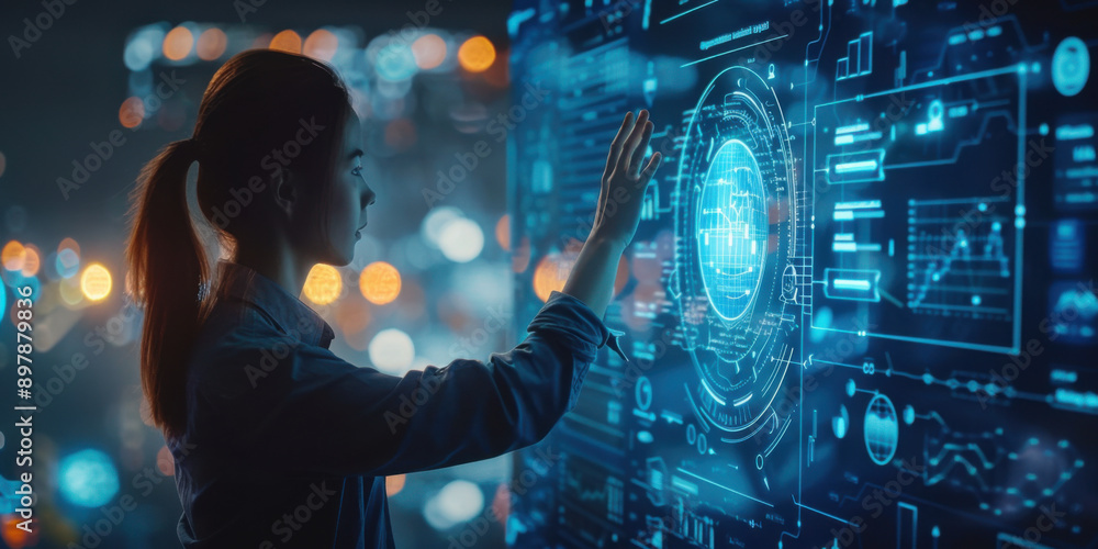 Poster a woman uses a futuristic digital interface, representing advanced technology, innovation, and data 