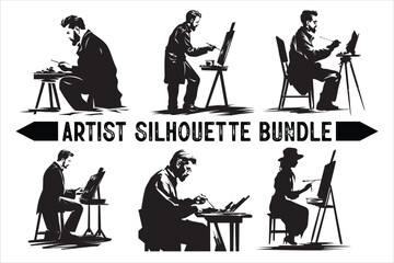 Drawing Artist Bundle vector Silhouette illustration on white background, Creative Drawing Artist Vector Silhouette bundle.