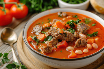 Spicy Mexican soup with meat, beans and tomatoes