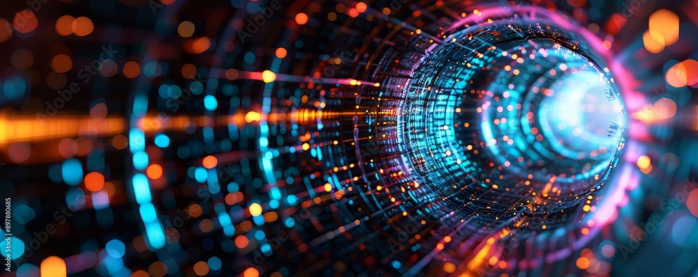 Poster a mesmerizing digital tunnel illuminated with vibrant lights and intricate patterns, symbolizing adv