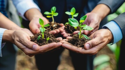 Business hands holding green plants together are the symbol of green business company, agriculture and collaboration in a green business, Ecosystem and Organization Development Cooperation 