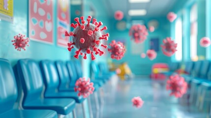 Virus particles floating in waiting room at a pediatric clinic with chairs for public health risk concept