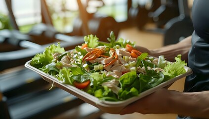 Healthy Salad with Chicken, Seafood, and Greens at the Gym