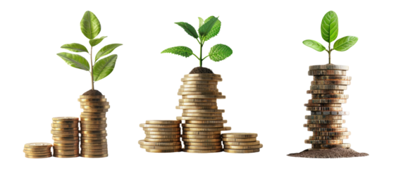 Growing Plants In Stacks Of Coins Isolated On Transparent Background