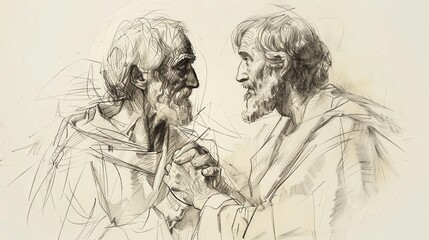 Obraz premium Genesis,God Blesses Jacob:Minimalist Sketch of God Reaffirming His Promise to Jacob, Bold Pencil Lines, Soft Beige Background Biblical Illustration