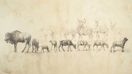 Genesis,The Creation:Historical sketch of the naming of the animals by Adam, modern minimalist biblical illustration, bold pencil lines, soft beige background, perfect for wall art.