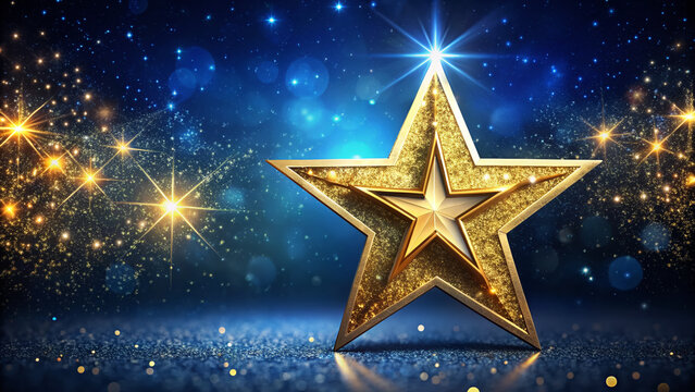 Golden five-pointed star icon shines brightly against a dark blue night sky with subtle sparkle and glitter effects, symbolizing excellence and achievement.