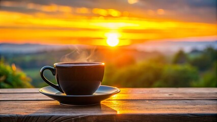 Obraz premium Morning cup of black coffee in sunrise blurred in the background