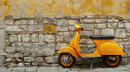 Yellow scooter parked by old stone wall