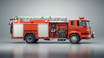 Vibrant Red Modern Fire Truck Against Plain Grey Background Showcasing Safety Equipment