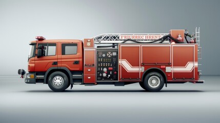 Vibrant Red Modern Fire Truck Isolated on Plain Grey Background with Emergency Lights and Equipment