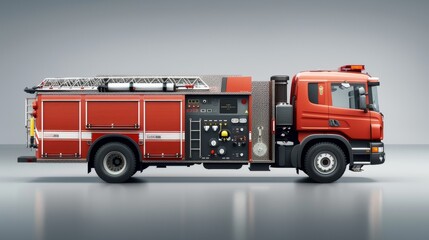 Isolated Red Fire Truck with Prominent Emergency Equipment Against Grey Background