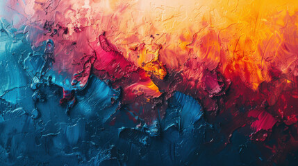 A close-up of a colorful abstract oil painting texture featuring bold strokes of red, yellow, and blue colors.