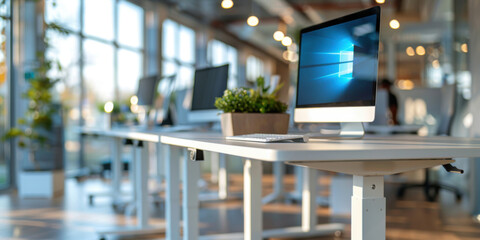 Bright and modern office space with large windows, equipped with computers and green plants for a productive work environment.