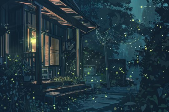 chasing fireflies in the backyard, cozy vibe, Generative AI